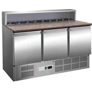 New marble top 3 door Pizza topping saladette fridge 8 x pans